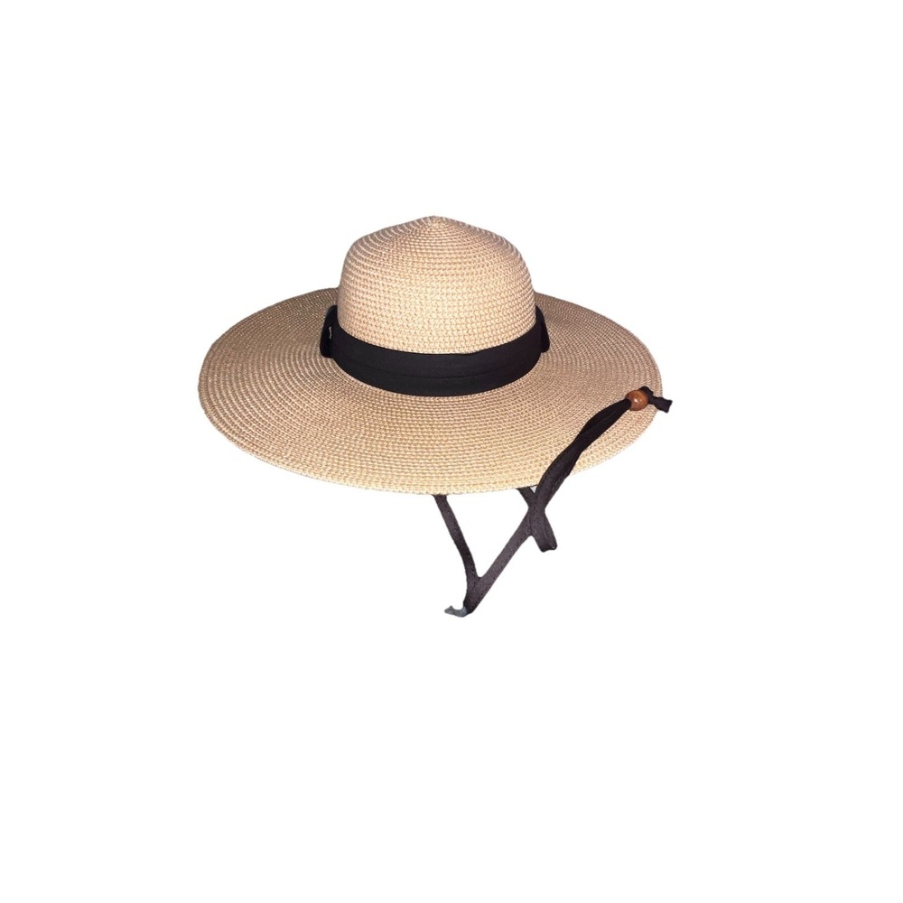 Royal Resortwear S/M Tan Black Ribbon Adjustable Strap Wooden ‎ Flappy Sun Hat